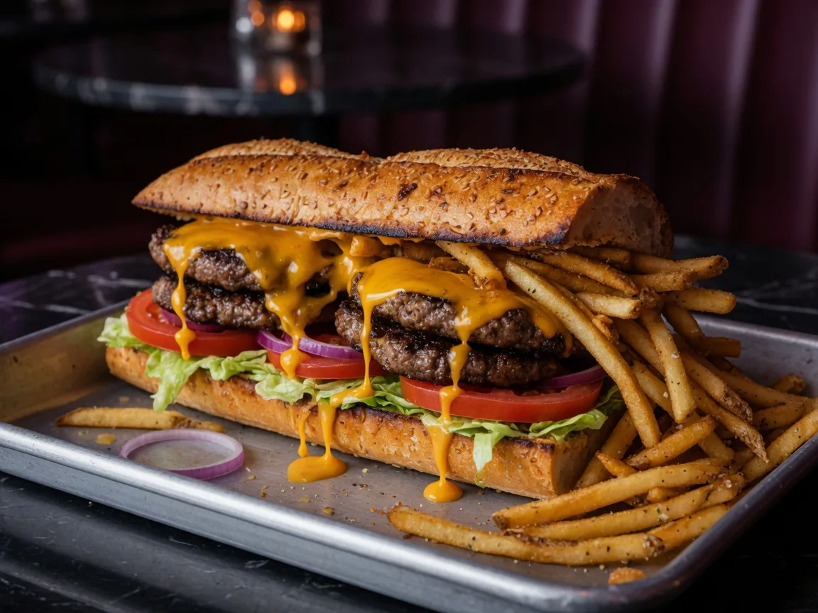 Américain baguette steak cheddar et frites
