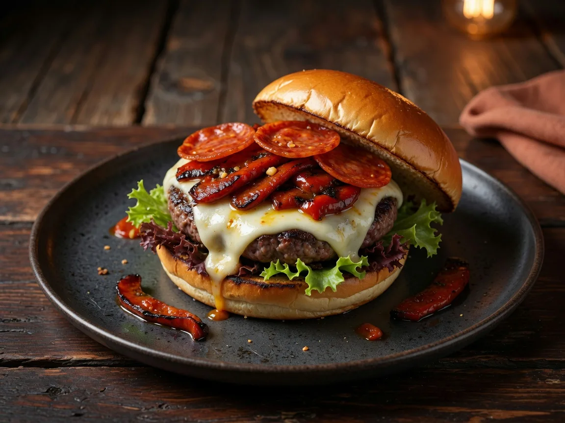 Burger catalan tome de brebis, escalivade et chorizo