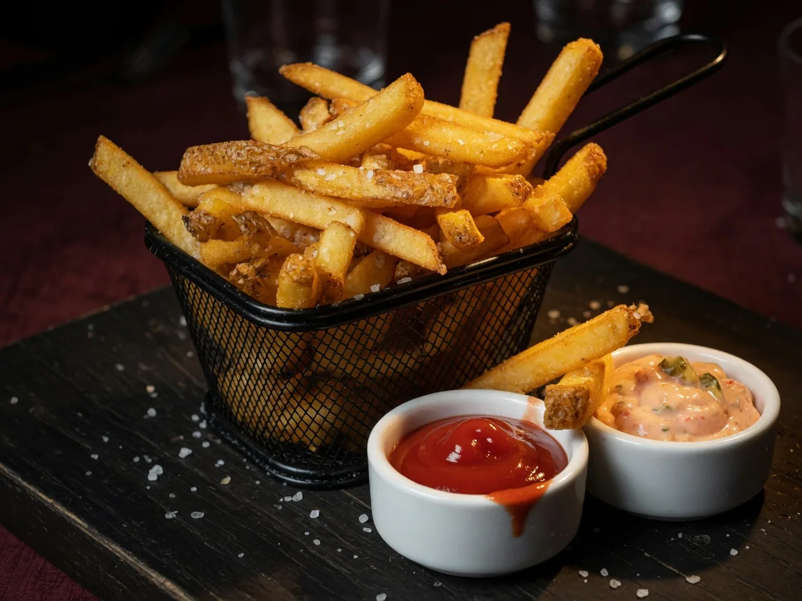Frites maison coupées fraîches, panier noir et sauces