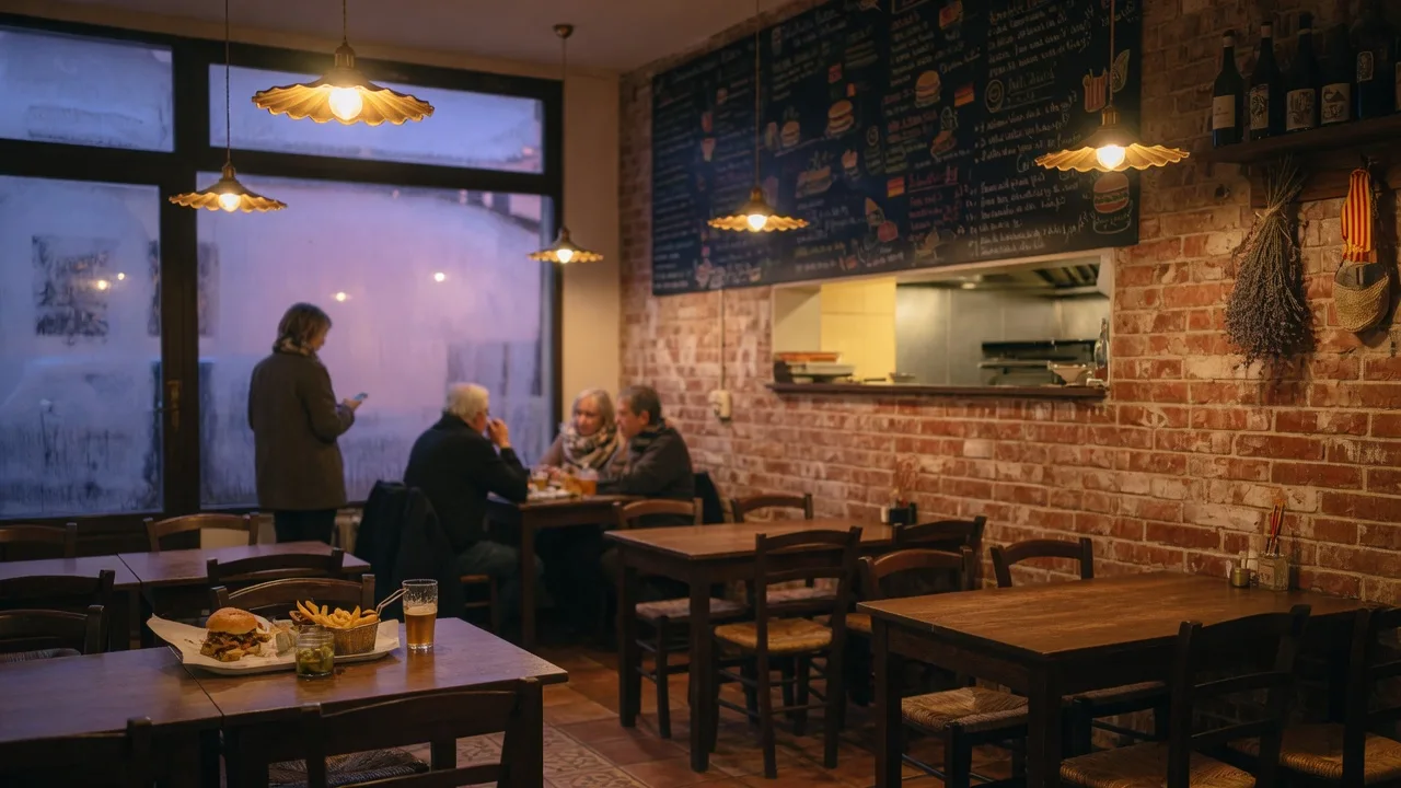 Salle chaleureuse d’un restaurant burger, briques et lumières dorées