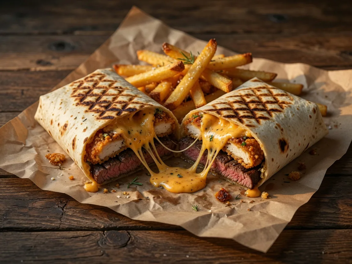 Tacos steak poulet coupé, fromage filant et frites